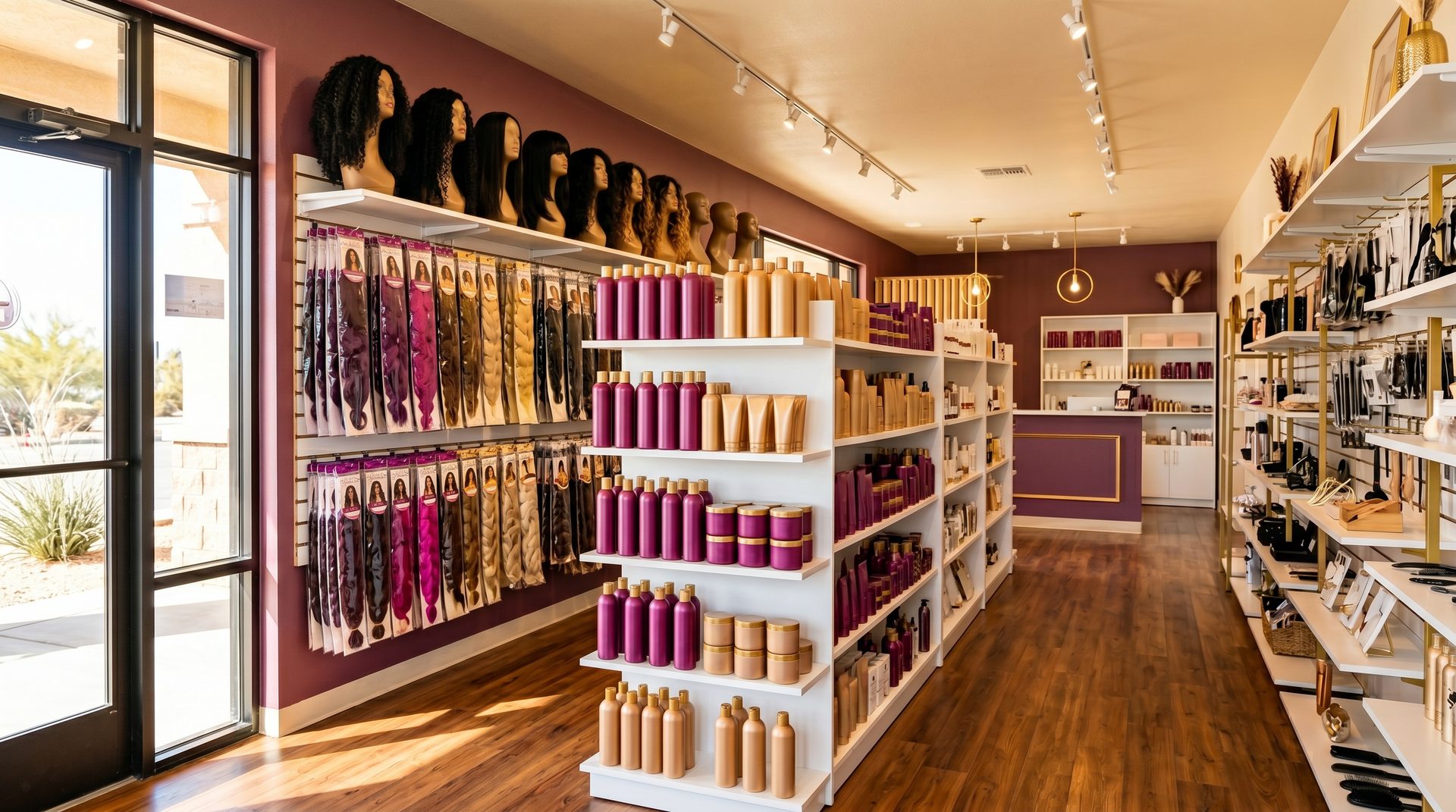 Bright beauty supply store shelves stocked with hair care products and wig displays
