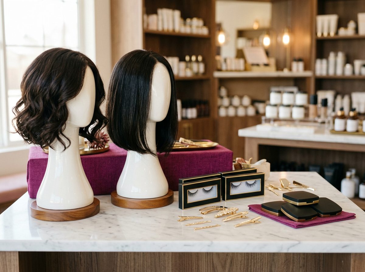 Wig display stands and lash products arranged at Mias House of Beauty